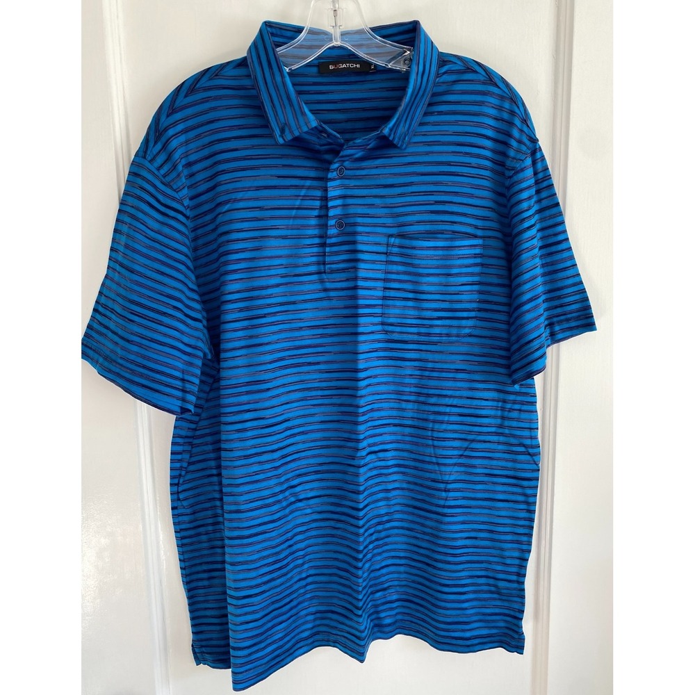 Bugatchi Polo Shirt Mens XL Blue Black Striped Mercerized Cotton JCF3505 Pocket